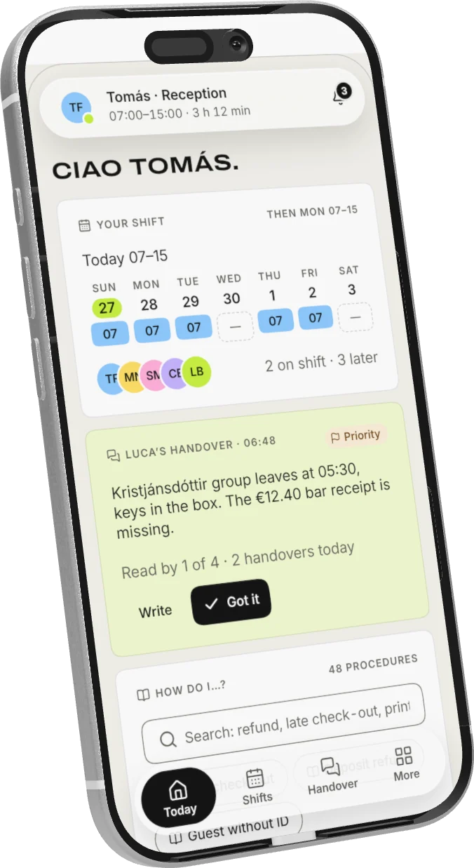 Ho(s)telBoard staff home on a phone: shift, handover and procedures