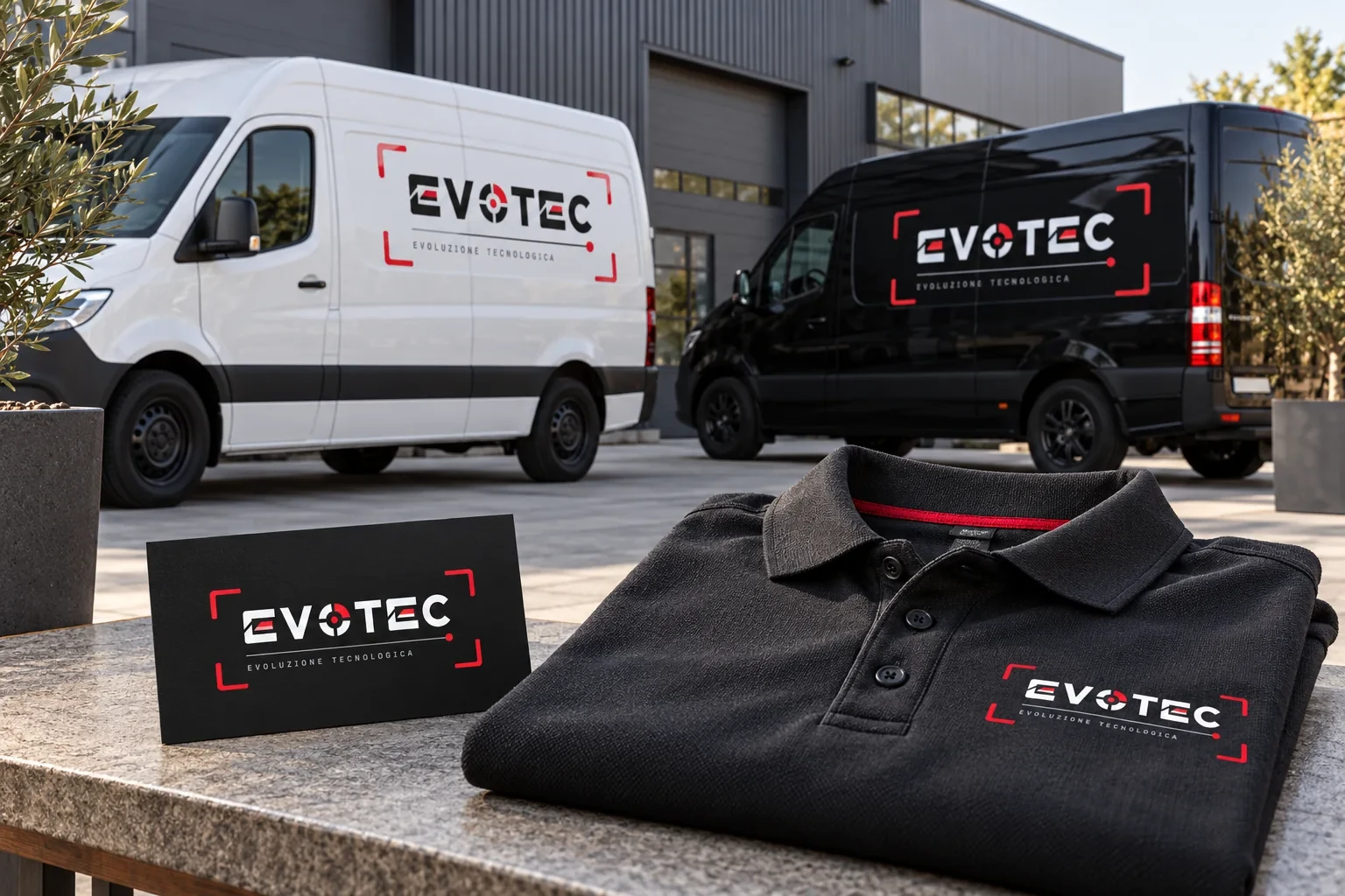 Evotec brand identity by KohCiao Studio on two vans, a business card and a work polo