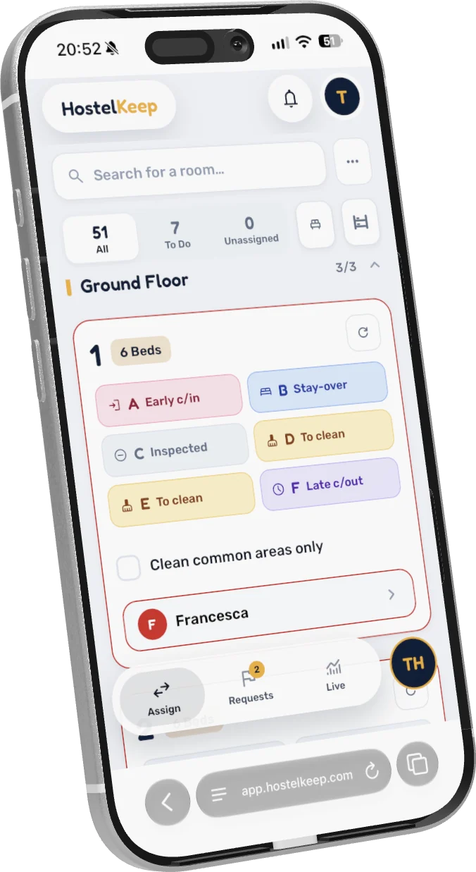 HostelKeep manager view: assigning rooms and bed states