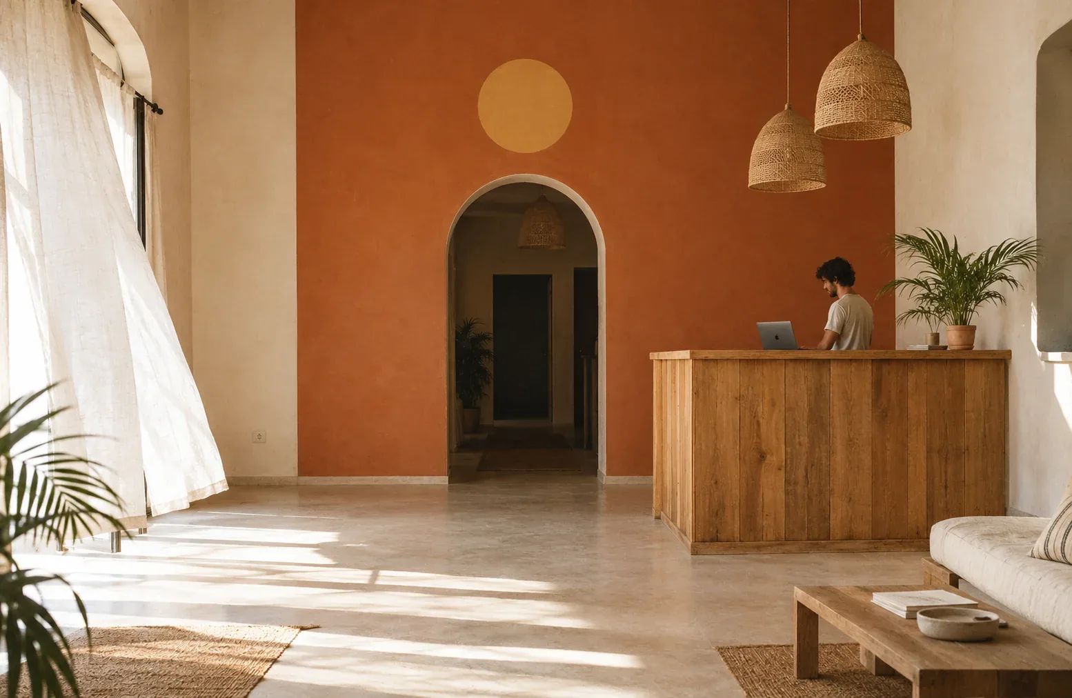 A warm hostel reception with a terracotta wall and a painted sun above an arched doorway