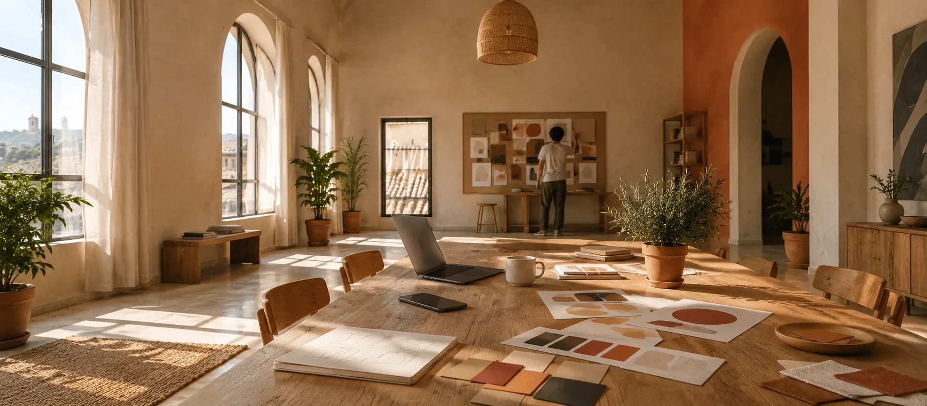 A sunlit studio with brand swatches and sketches on a long wooden table